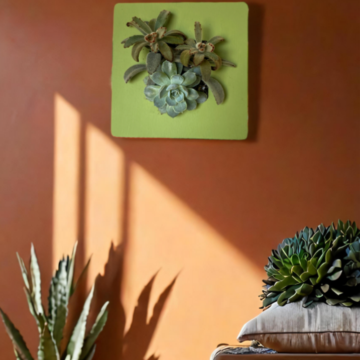 Living succulent frame placed next to a bright window with natural indirect light